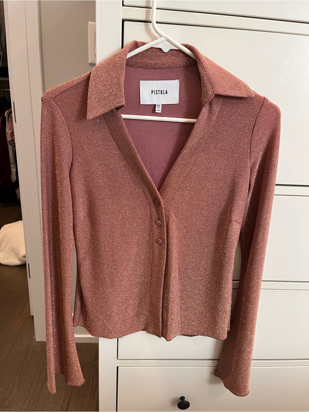 Pistola rose gold metallic button-front collared top size XS